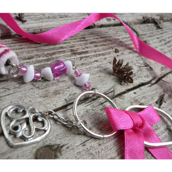 3x35$ 🐿 🍁 CREATION - Heart short necklace ruban beads pompom - pink white - Picture 2 of 4